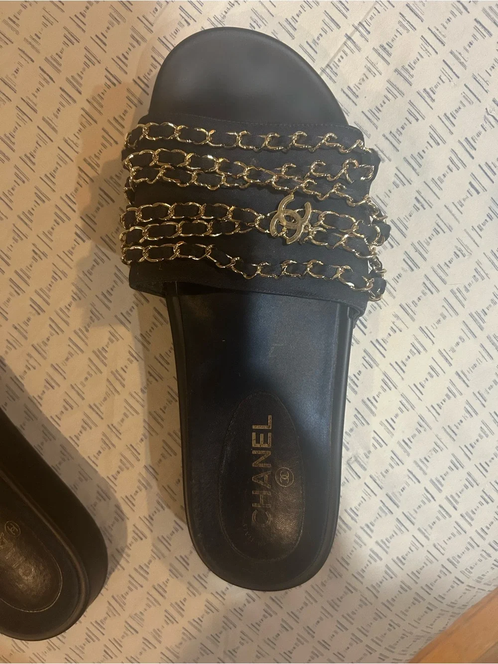 CHANEL Black Slides with Gold Chain Straps